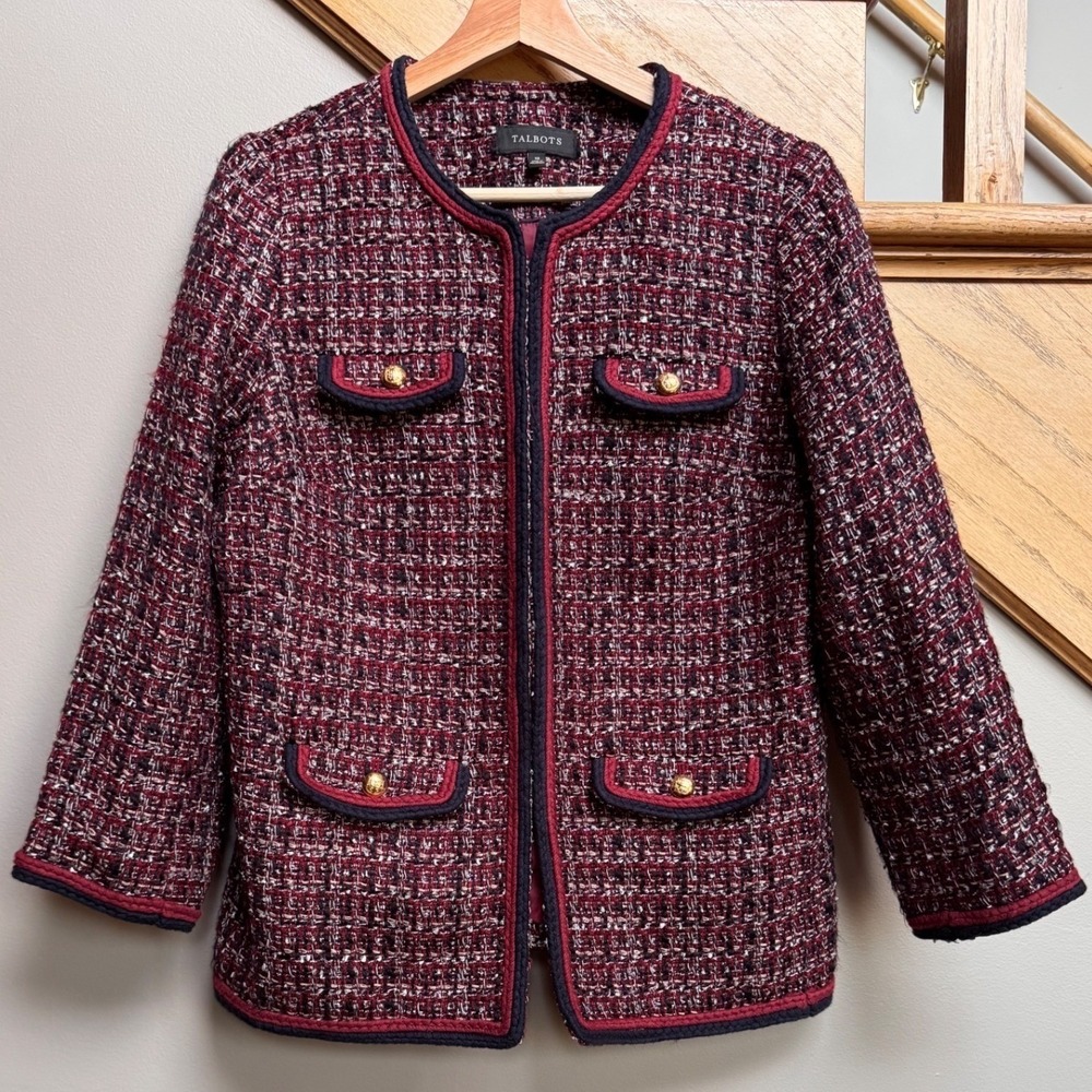 Talbots Womens Burgundy Tweed Blazer 10 Old Money Quiet Luxury Moody Career Chic
